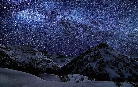 风景 山 雪 银河 星星 自然 星夜 天空 雪峰  电脑壁纸 4K壁纸