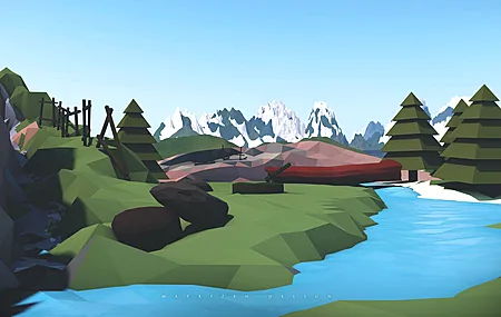 景观 山脉 薄雾 森林 河流 水 石头 栅栏 AI艺术 游戏 设计 电脑壁纸 4K壁纸