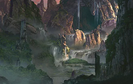 风景 瀑布 岩石 绘画 概念设计 艺术 电脑壁纸 4K壁纸