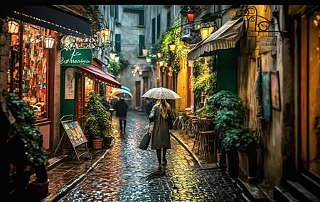 女人 小巷 人工智能艺术 插图 巴黎 雨伞 鹅卵石 小巷 植物 路灯  电脑壁纸 4K壁纸