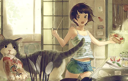 原创 人物 卡拉苏巴 动漫 女孩  猫 厨房 清新 治愈 电脑壁纸 4K壁纸