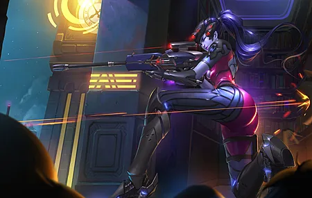 长发 紫色头发 动漫 女孩 守望先锋  紧身衣 高跟鞋 武器 枪 狙击步枪 电脑壁纸 4K壁纸