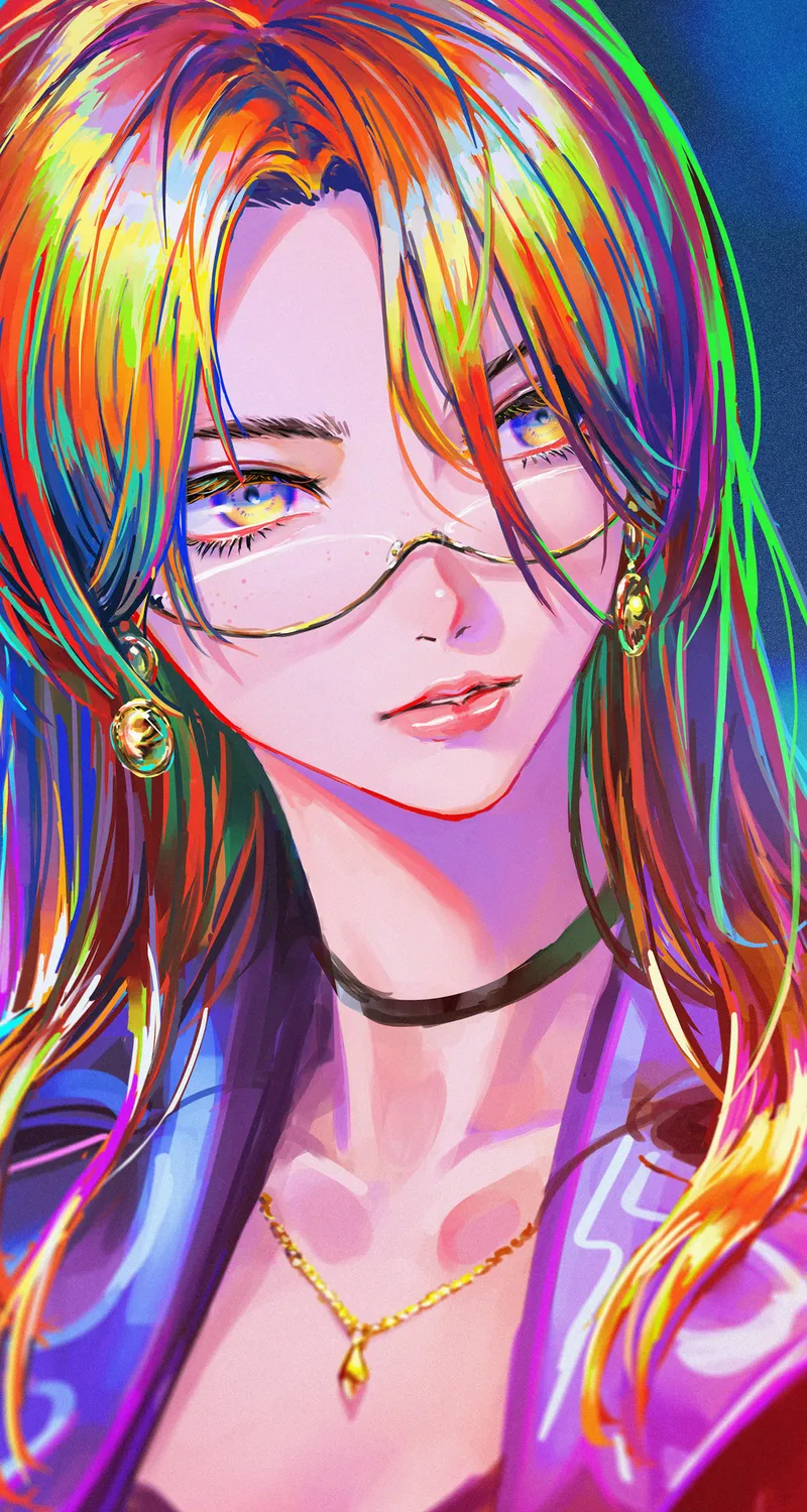 彩色 头发 动漫 女孩 眼镜 立绘 手机壁纸 4K壁纸