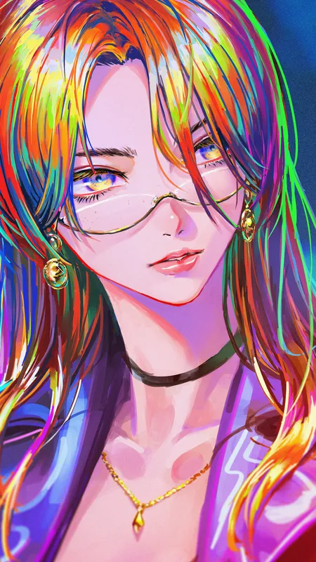 彩色 头发 动漫 女孩 眼镜 立绘 手机壁纸 4K壁纸