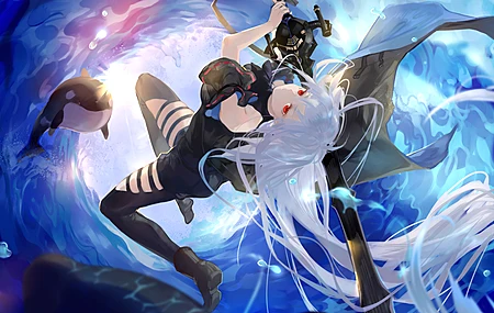 金发 长发 红眼睛 动漫 女孩 武士 斯卡迪 剑 海 披肩 虎鲸 水滴  电脑壁纸 4K壁纸