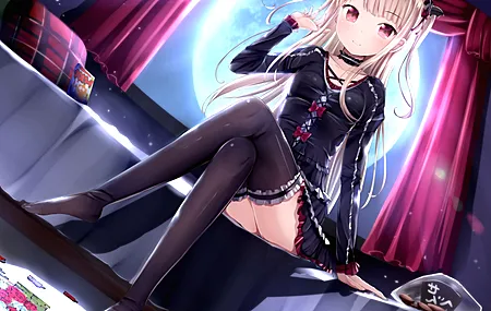 长发 金发 人物 腿  动漫 女孩 洛丽塔 时尚 黑色 长袜  电脑壁纸 4K壁纸