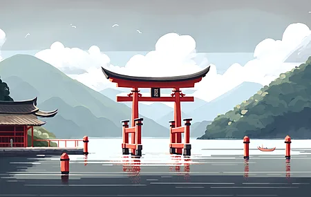 艺术 插图 湖泊 水 山 云 反射  电脑壁纸 4K壁纸