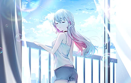 长发 白发 闭眼 动漫 女 天空 云彩 背心 短裤  电脑壁纸 4K壁纸