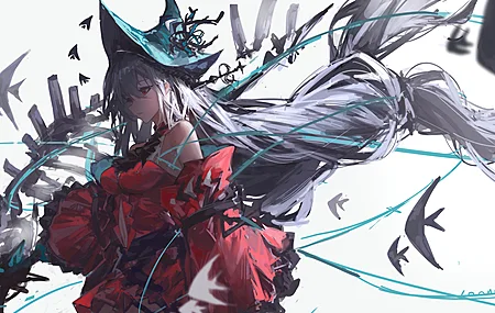 长发 红眼睛 骑士 斯凯德 动漫 女孩 银发 帽子 连衣裙 电脑壁纸 8K壁纸