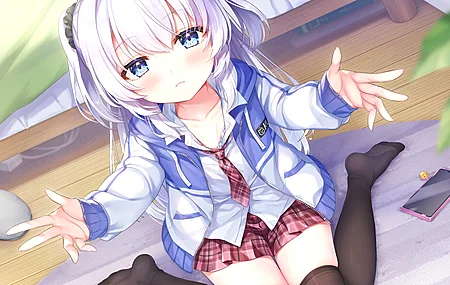 蓝眼睛 跪着 动漫 女孩 银发 校服 长腿 萝莉 可爱 电脑壁纸 4K壁纸