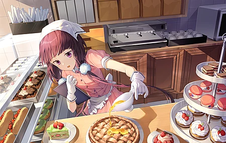  动漫 女孩  烹饪 糖果 食物 手套 馅饼 蛋糕 厨房  电脑壁纸 4K壁纸