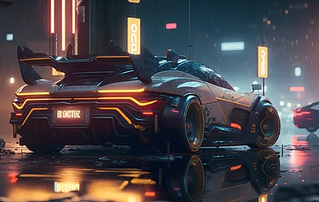 艺术 插图 赛博朋克 汽车 尾灯 反射 霓虹灯 灯  电脑壁纸 4K壁纸