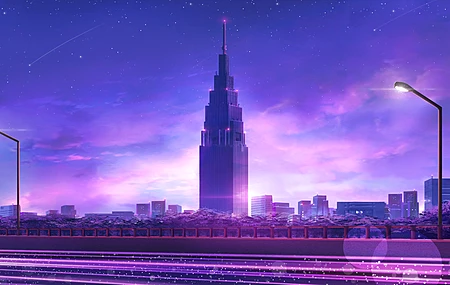 AI艺术 紫色 城市 景观 城市 摩天大楼 建筑 建筑 灯光 星星 彗星 路灯 塔  电脑壁纸 4K壁纸