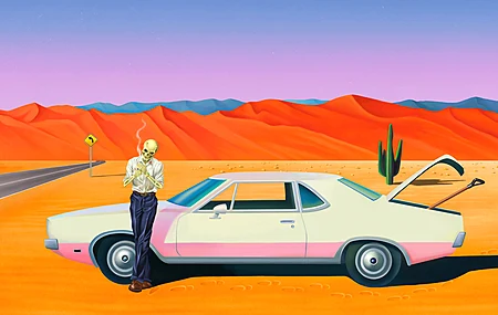 AI艺术 插图 概念艺术 沙漠 车辆 骨架 风景 沙丘 道路 彩色 汽车  电脑壁纸 4K壁纸