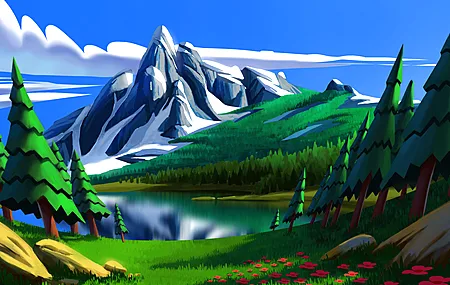 AI艺术 自然 湖泊 山脉 树木 天空 云 花 绘画 数字绘画 岩石  电脑壁纸 4K壁纸