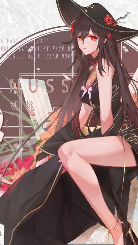 胡桃 原神 长发 动漫 女孩 幽灵 连衣裙 高跟鞋 花瓣  帽子 鲜花  手机壁纸 4K壁纸