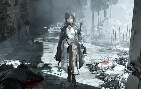 女孩 长发 动漫 凳子 手套 枪 夹克 制服  电脑壁纸 4K壁纸