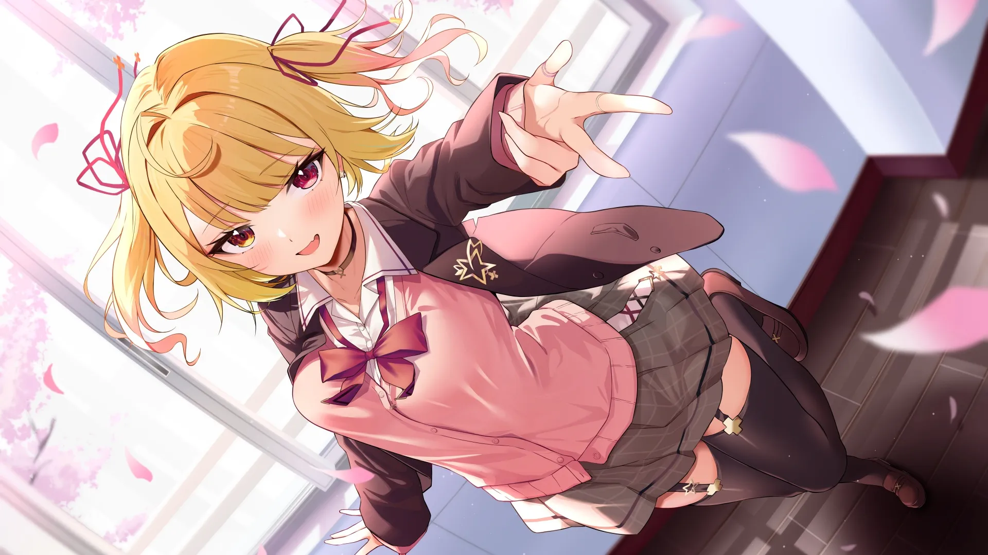女学生 金发 动漫 女孩 校服 花瓣 脸红 伸手 窗户 领结  电脑壁纸 8K壁纸