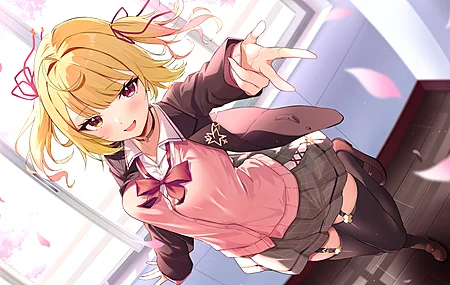 女学生 金发 动漫 女孩 校服 花瓣 脸红 伸手 窗户 领结  电脑壁纸 8K壁纸