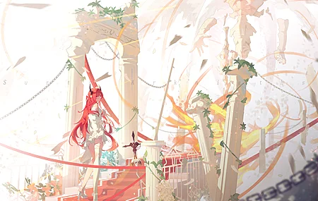 长发 红发 动漫 女孩 神枪手 楼梯 骑士 紫色 眼睛 柱子 链子 高跟鞋 花 长腿 电脑壁纸 8K壁纸