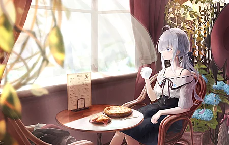  咖啡馆 动漫 女孩 灰发 食物 叉子 室内 治愈 电脑壁纸 4K壁纸