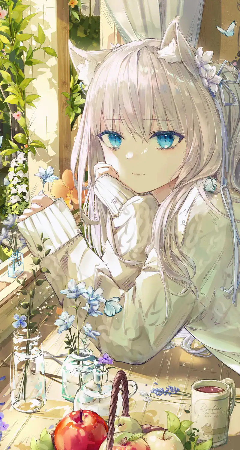 猫女孩 蓝眼睛 苹果 鲜花 银发 动漫 女孩  手机壁纸 4K壁纸