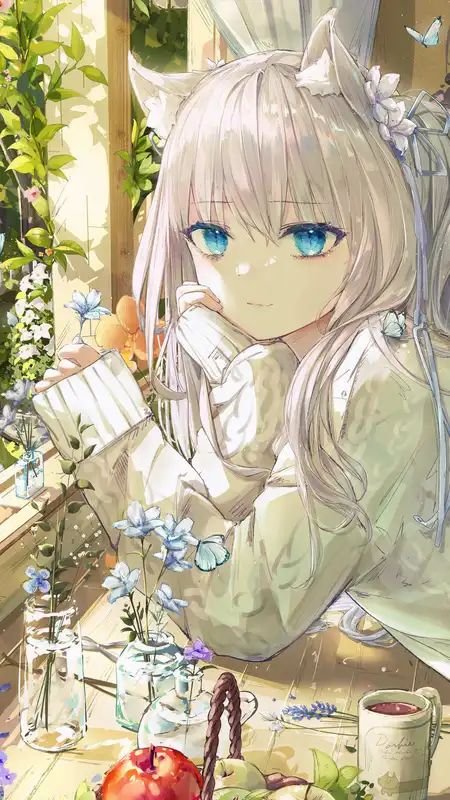 猫女孩 蓝眼睛 苹果 鲜花 银发 动漫 女孩  手机壁纸 4K壁纸
