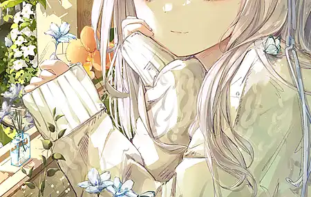 猫女孩 蓝眼睛 苹果 鲜花 银发 动漫 女孩  手机壁纸 4K壁纸