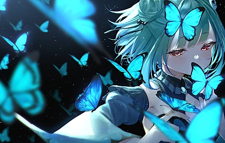  绿色 头发 动漫 女孩 虚拟 蝴蝶 蓝色 青色  电脑壁纸 4K壁纸