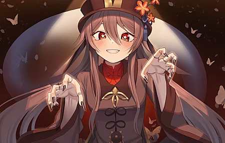 胡桃 原神 长发 头发 红眼睛 微笑 动漫 女孩 蝴蝶 腮红  电脑壁纸 4K壁纸