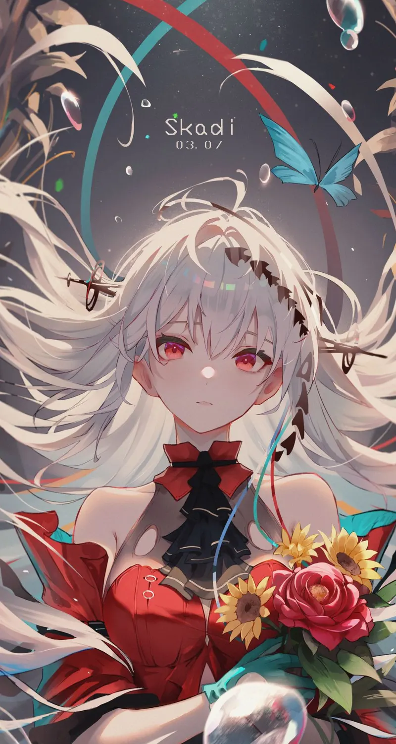 长发 红眼睛 白发 动漫 女孩 神枪手 鲜花 明日方舟 泡泡 蝴蝶 树叶  手机壁纸 4K壁纸