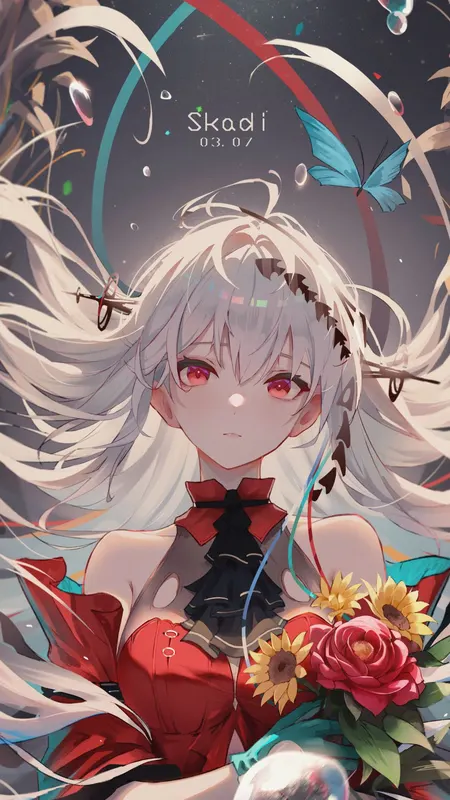 长发 红眼睛 白发 动漫 女孩 神枪手 鲜花 明日方舟 泡泡 蝴蝶 树叶  手机壁纸 4K壁纸