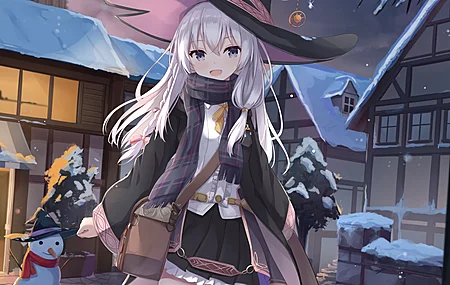 白发 动漫 女孩 雪 裙子 帽子 女巫帽 雪人  电脑壁纸 4K壁纸