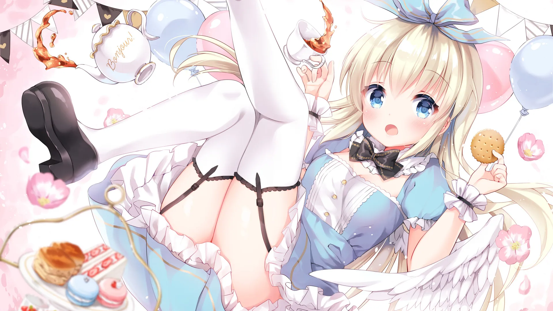 长发 大腿 金发 蓝眼睛 角色 动漫 女孩 吊袜带   连衣裙 翅膀 兽耳 萝莉 电脑壁纸 4K壁纸