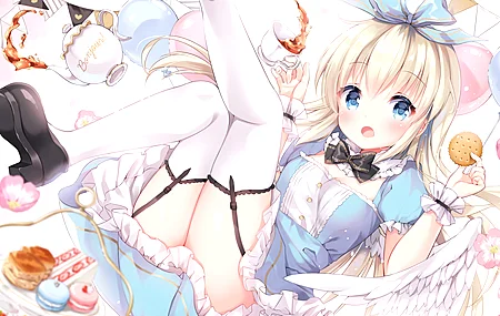 长发 大腿 金发 蓝眼睛 角色 动漫 女孩 吊袜带   连衣裙 翅膀 兽耳 萝莉 电脑壁纸 4K壁纸