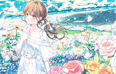 黑发 长发 马尾辫 动漫 少女 田野 花朵 蝴蝶 白色 连衣裙 向日葵 花瓣 天空  电脑壁纸 4K壁纸