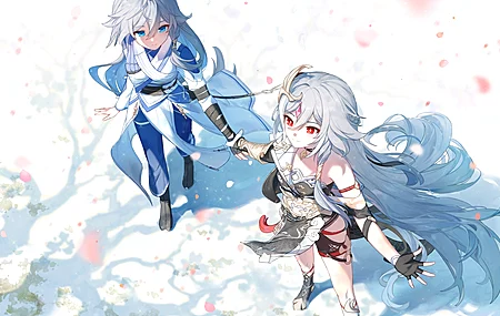 红眼睛 蓝眼睛 长发 福华 拉斐拉 动漫 女孩 银发 中国服装 原神 电脑壁纸 4K壁纸