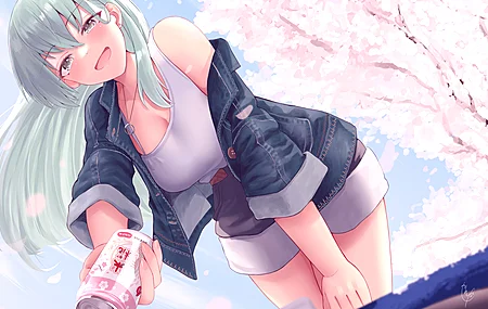 长发 绿色 头发 动漫 女孩 樱花  电脑壁纸 4K壁纸