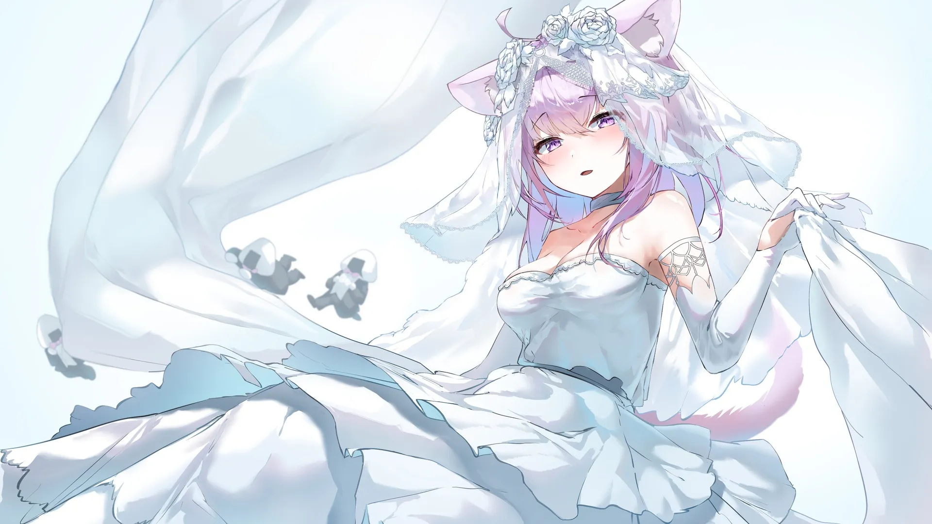  猫女孩 紫色 头发 动漫  女孩 虚拟 婚纱 新娘 紫色 眼睛  电脑壁纸 4K壁纸