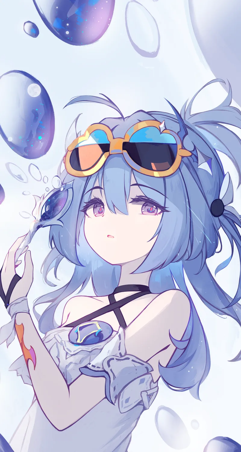 蓝色 头发 艺术 动漫 动漫女孩 太阳镜 白色 连衣裙  手机壁纸 4K壁纸