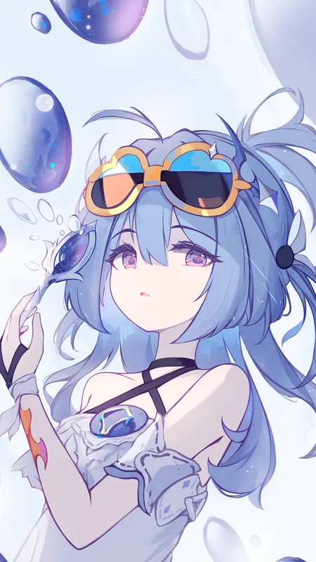 蓝色 头发 艺术 动漫 动漫女孩 太阳镜 白色 连衣裙  手机壁纸 4K壁纸