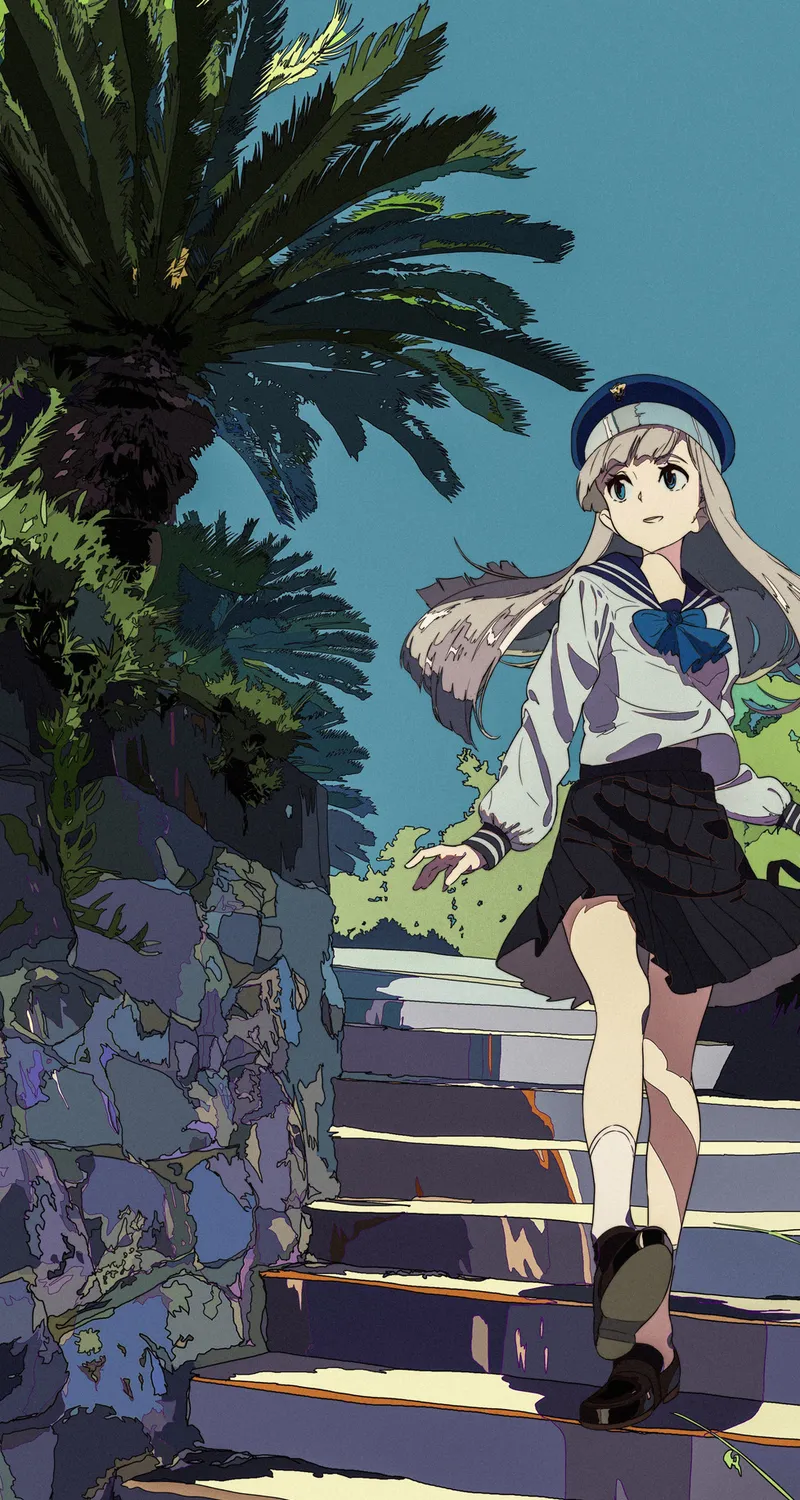 女学生 长发 动漫 动漫女孩 校服 楼梯 明星 帽子 钱包 领结  手机壁纸 4K壁纸
