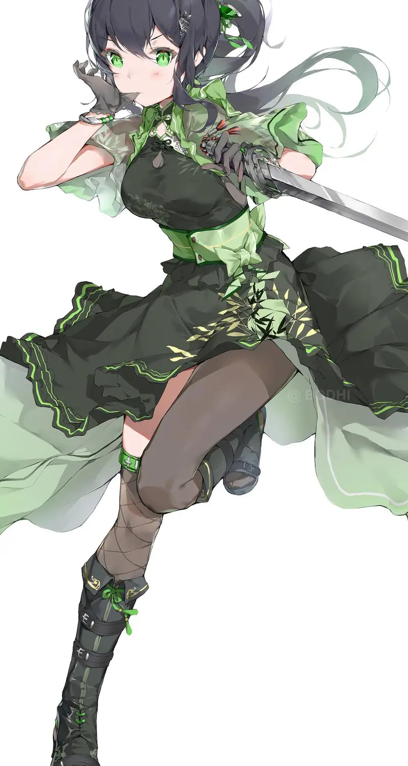 绿色 眼睛 动漫女孩 衣服 剑 武器 手套 简单  4K壁纸