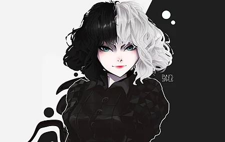 奇幻女孩 绿眼睛 白发  动漫女孩 黑 白 AI艺术 黑发 插图 ,电脑壁纸,4K壁纸