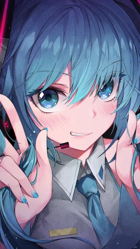 长发 蓝色 头发 微笑 眼睛 小提琴 动漫女孩 初音  手机壁纸 4K壁纸