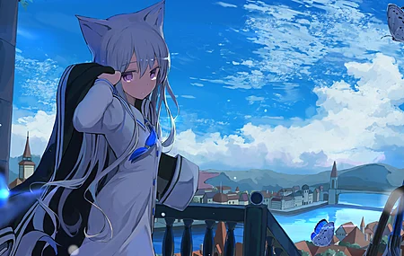  长发 动漫 动漫女孩 AI艺术 肖像 兽耳 紫色眼睛 灰色头发 校服 城市景观  电脑壁纸 4K壁纸