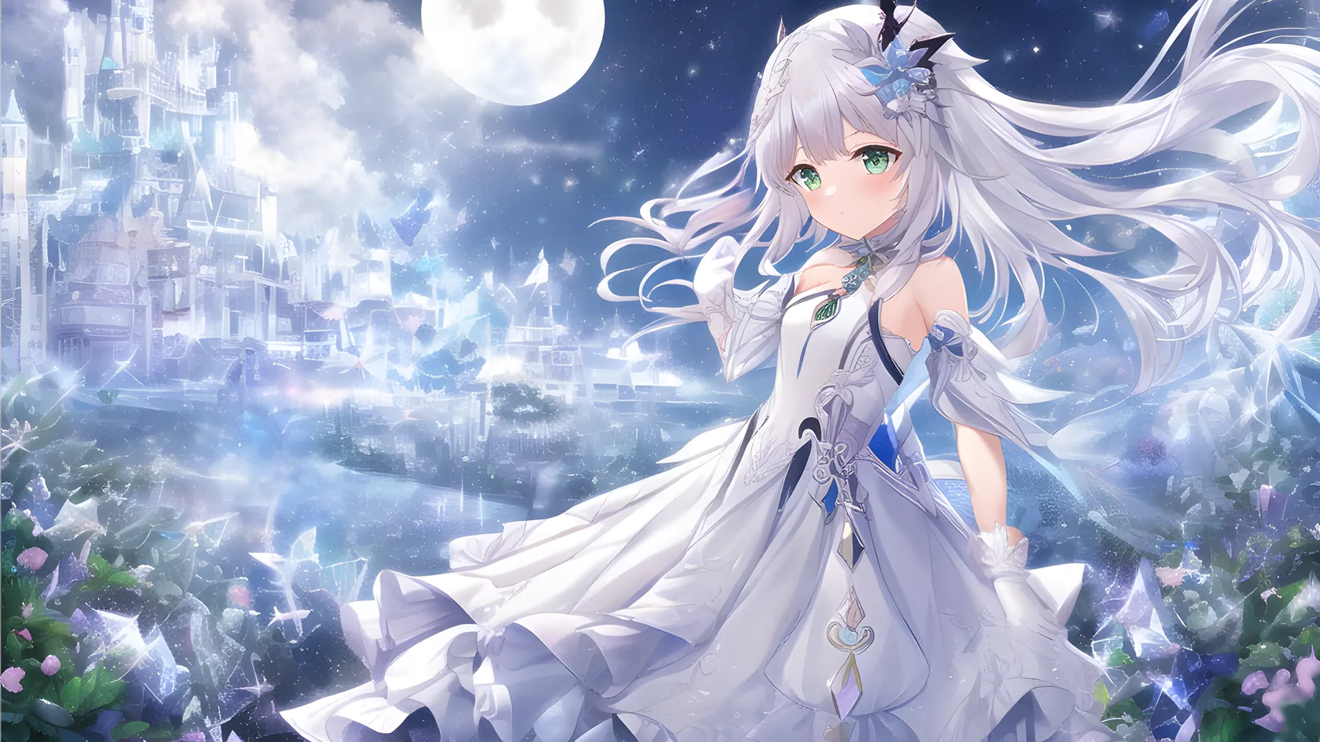 女孩 动漫 绿眼睛 白发 动漫女孩 城堡 月亮 鲜花 AI艺术  电脑壁纸 4K壁纸