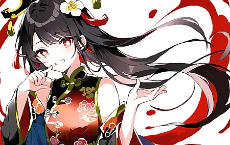 胡桃 原神 红眼睛 动漫女孩 黑发 中国服饰 头发 花  电脑壁纸 4K壁纸