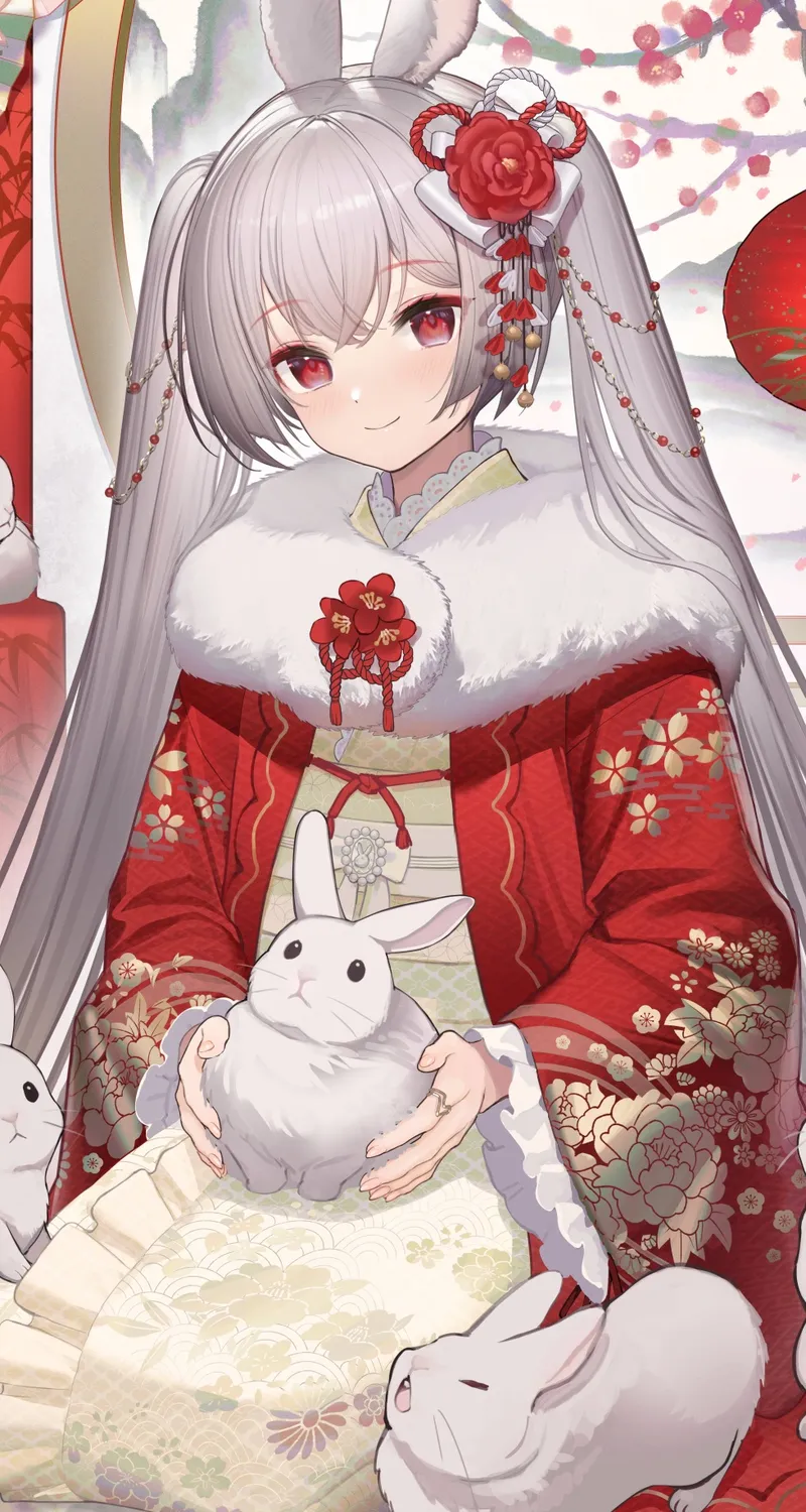 动漫 动漫女孩 双尾 兔子 动物 头发 花  手机壁纸 4K壁纸