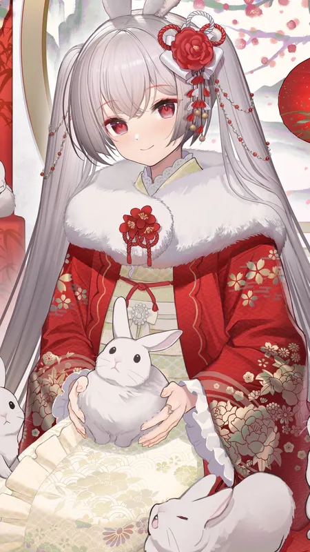 动漫 动漫女孩 双尾 兔子 动物 头发 花  手机壁纸 4K壁纸